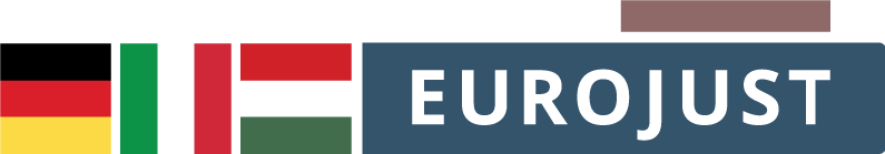 Flags of Germany, Italy and Hungary, and Eurojust logo